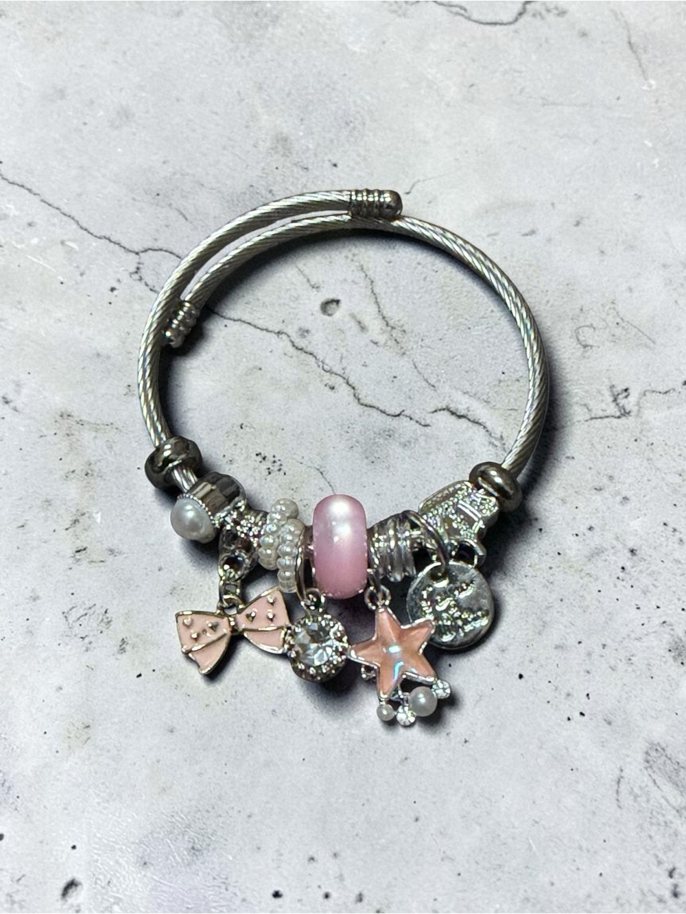 Silver Tone Adjustable Pink Charm Bangle Bracelet with Star and Bow Charms